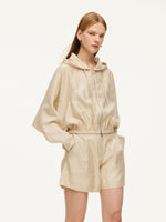 Tencel Acetate Linen Blend Women Zip-Up Hooded Cropped Jacket GOELIA
