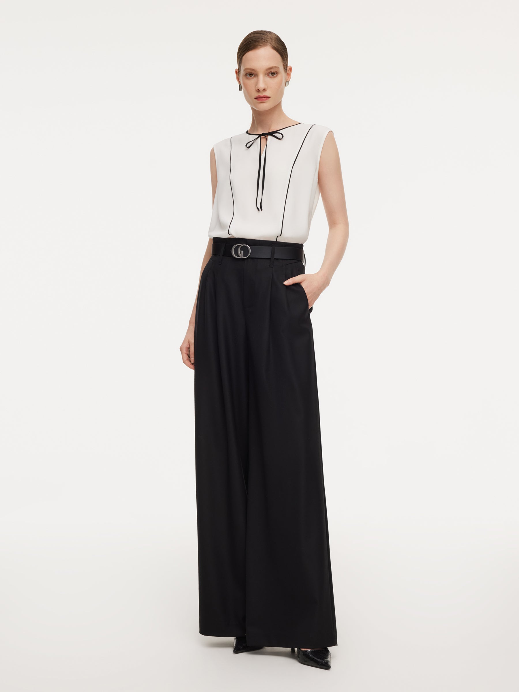 [Preview] 100% Worsted Wool Straight Leg Women Pants With GO Leather Belt GOELIA