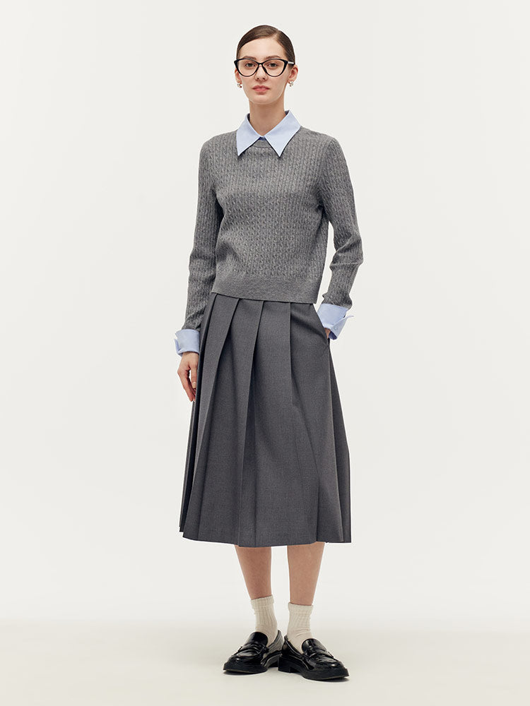 Crew Neck Sweater And Pleated Midi Skirt Two-Piece Set GOELIA