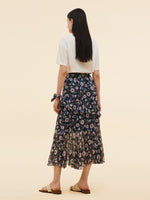10MM Mulberry Silk Floral Print Women Tiered Skirt GOELIA
