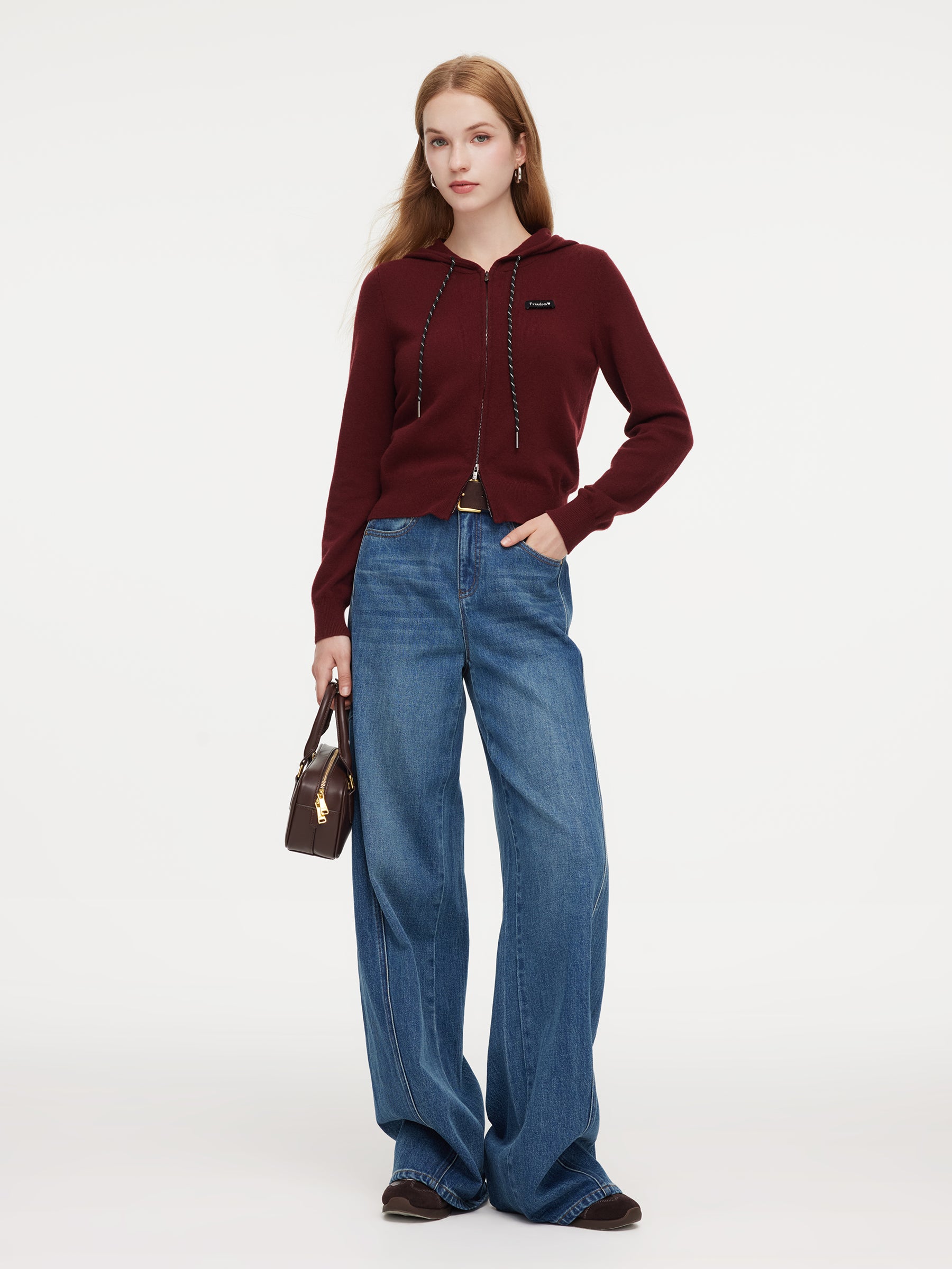 100% Wool Zip-Up Women Knit Hooded Cardigan GOELIA