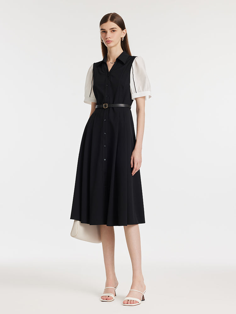 Commute Patchwork V-Neck Women Midi Shirt Dress With Belt GOELIA