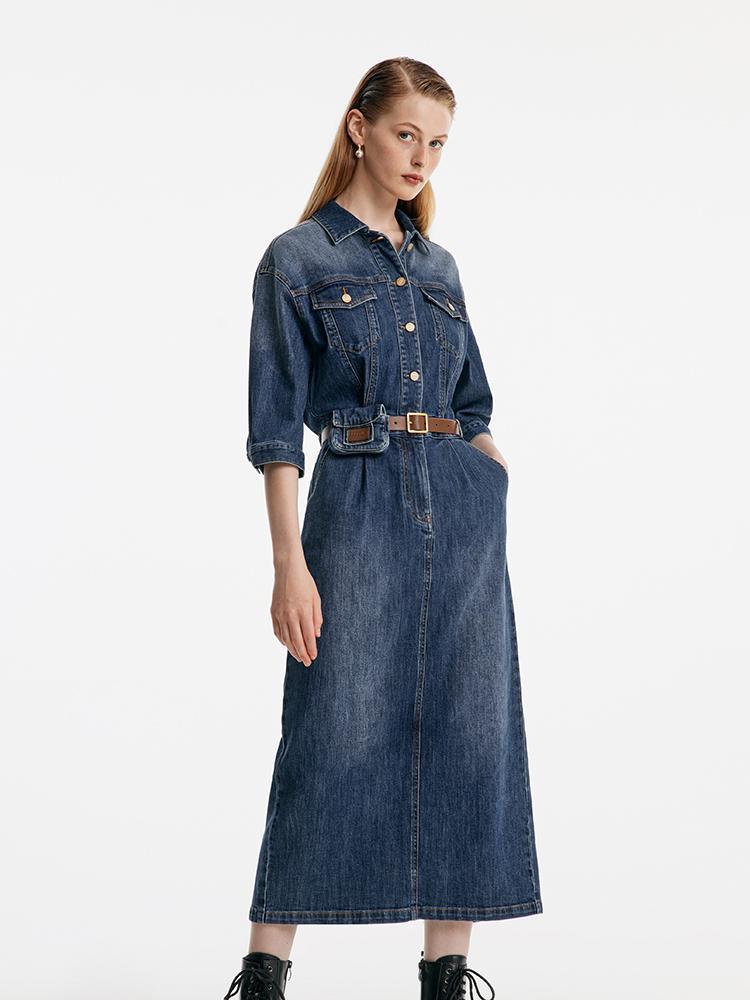 Shirt-Style Denim Maxi Dress With Belt And Waist Bag – GOELIA