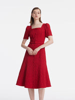 Jacquard Square Neck Single-Breasted Women Midi Dress With Belt GOELIA