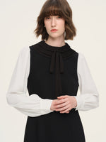Worsted Wool Blend Ruffle Collar Women Mini Dress With Detachable Ribbon GOELIA