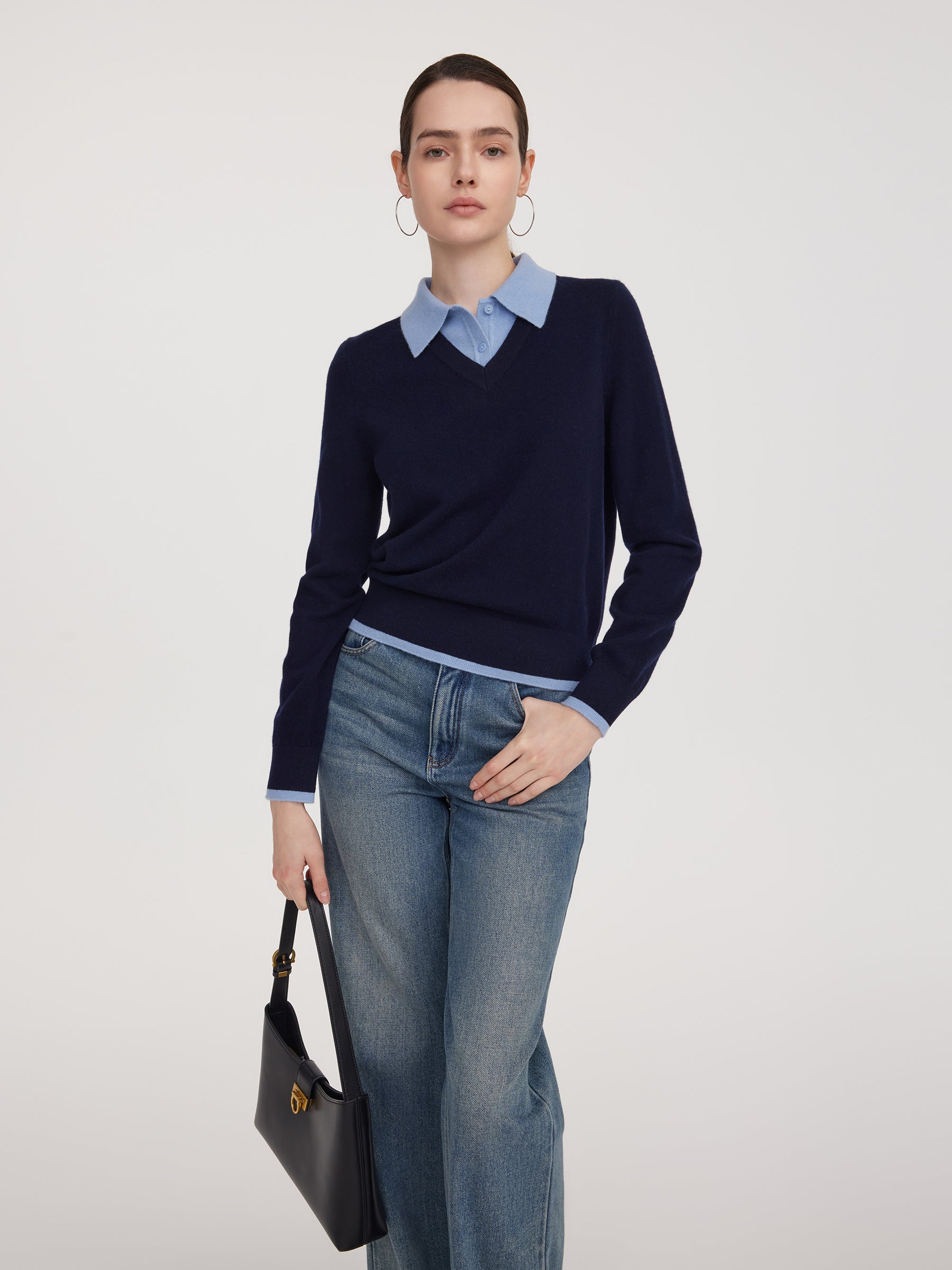 100% Wool Color Block Faux Two-Piece Women Sweater GOELIA