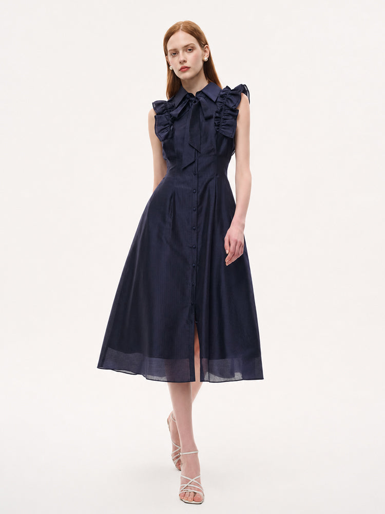 Lyocell Blend Ruffle Women Maxi Dress With Ribbon GOELIA