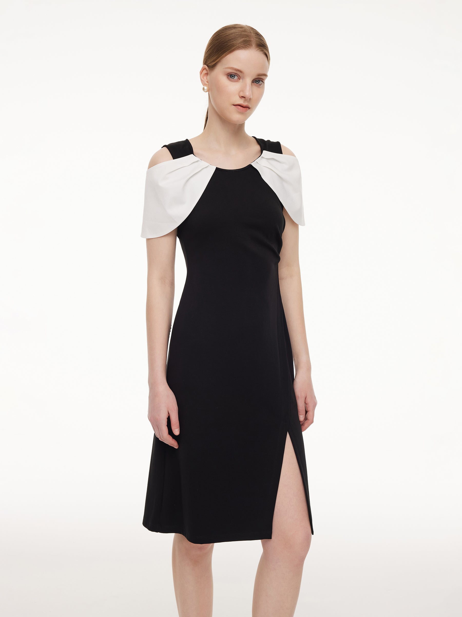 Color Block Cold Shoulder Women Patchwork Side Slit Knit Midi Dress GOELIA