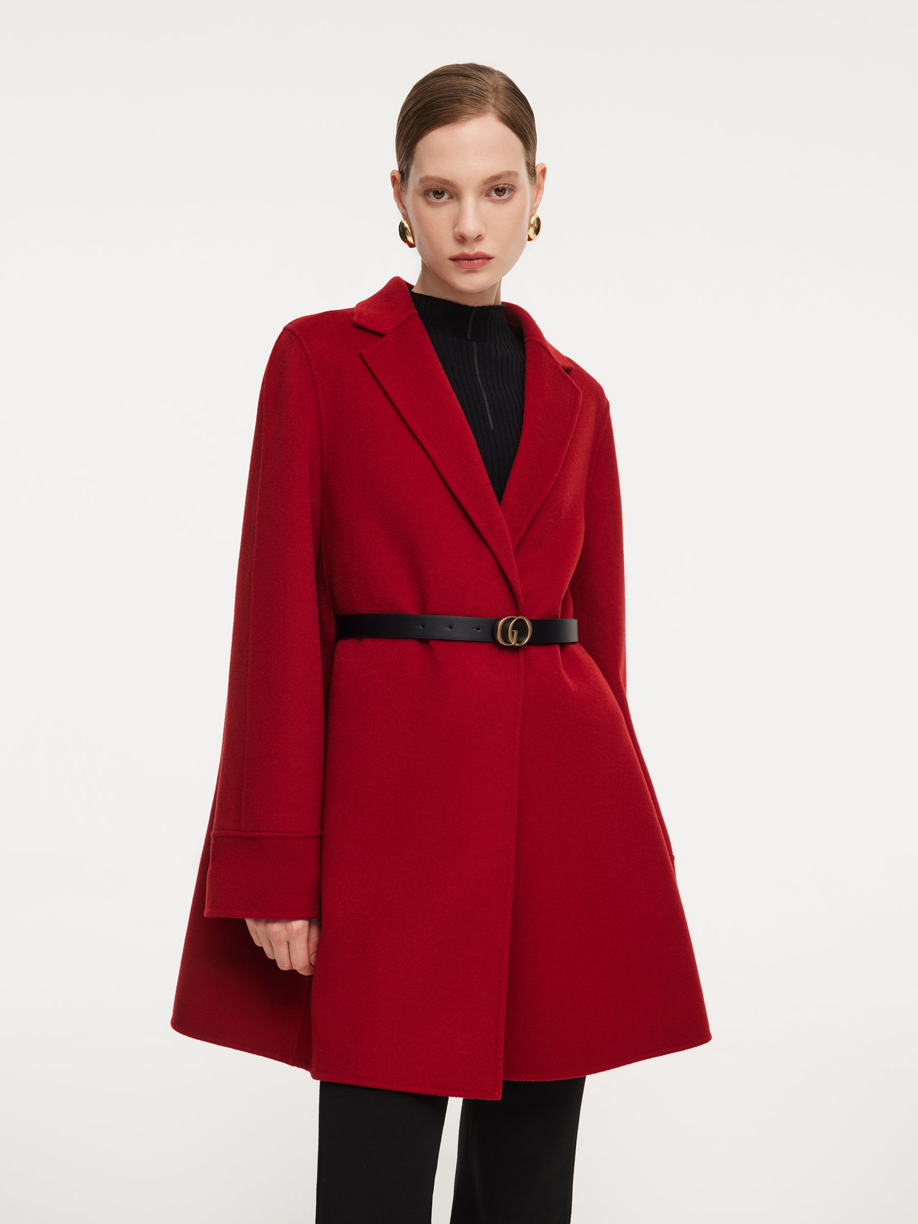Cashmere Wool Blend Double-Faced Women Cape Coat With Leather Belt GOELIA