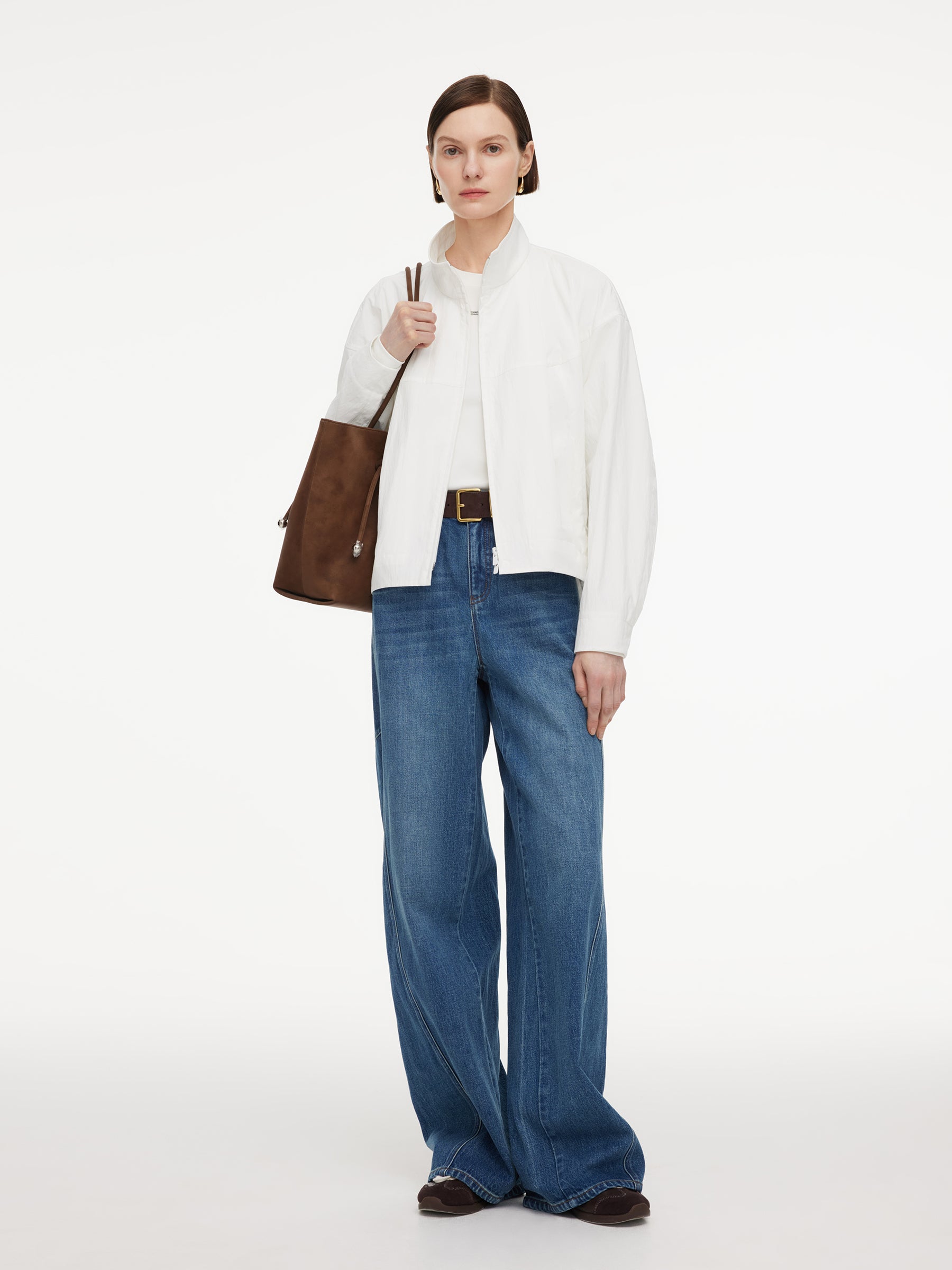 Cotton Blend Bubble Hem Women Crinkle Cropped Zip Jacket GOELIA