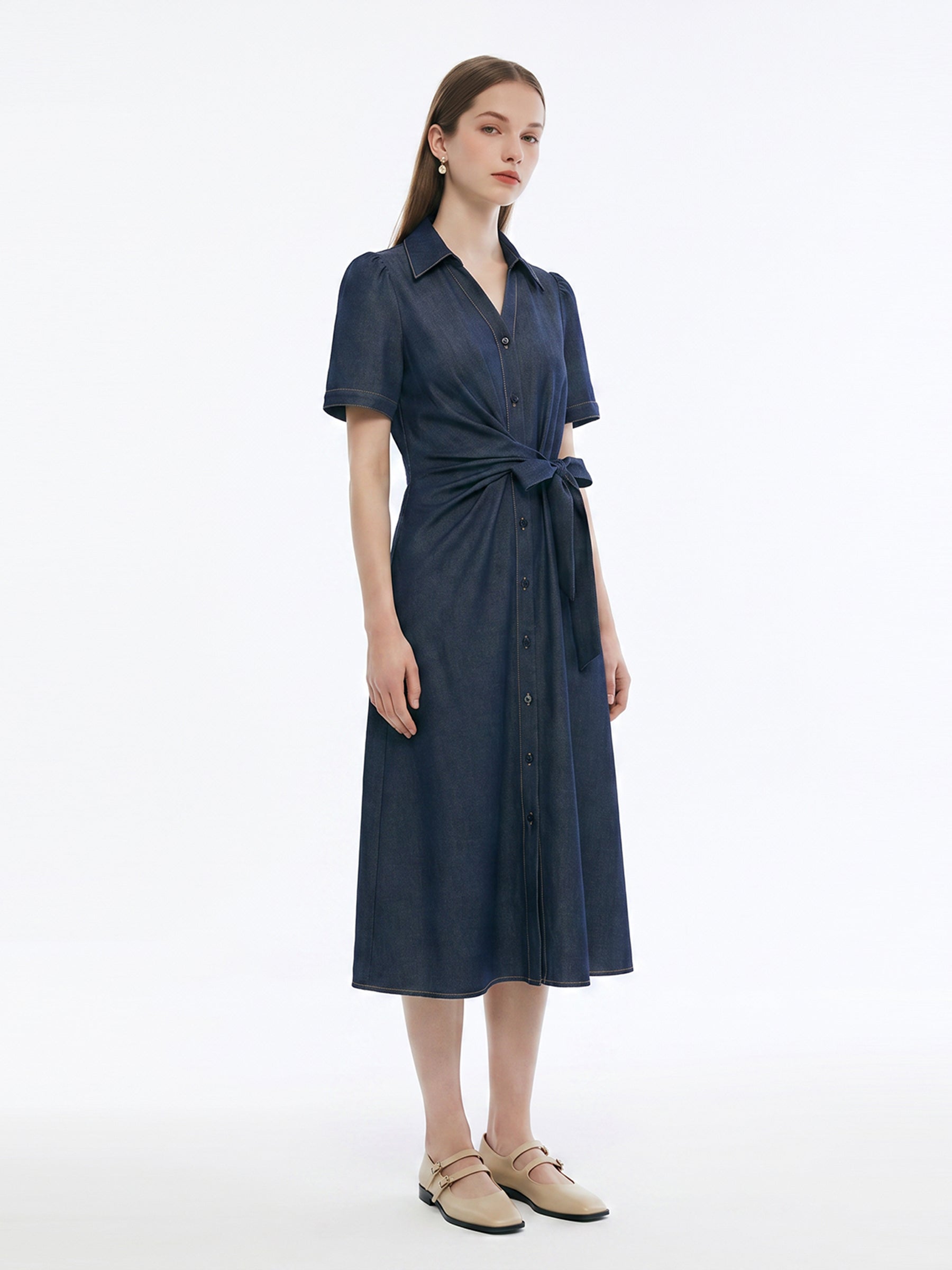 Denim Tie Front Women Shirt Maxi Dress GOELIA