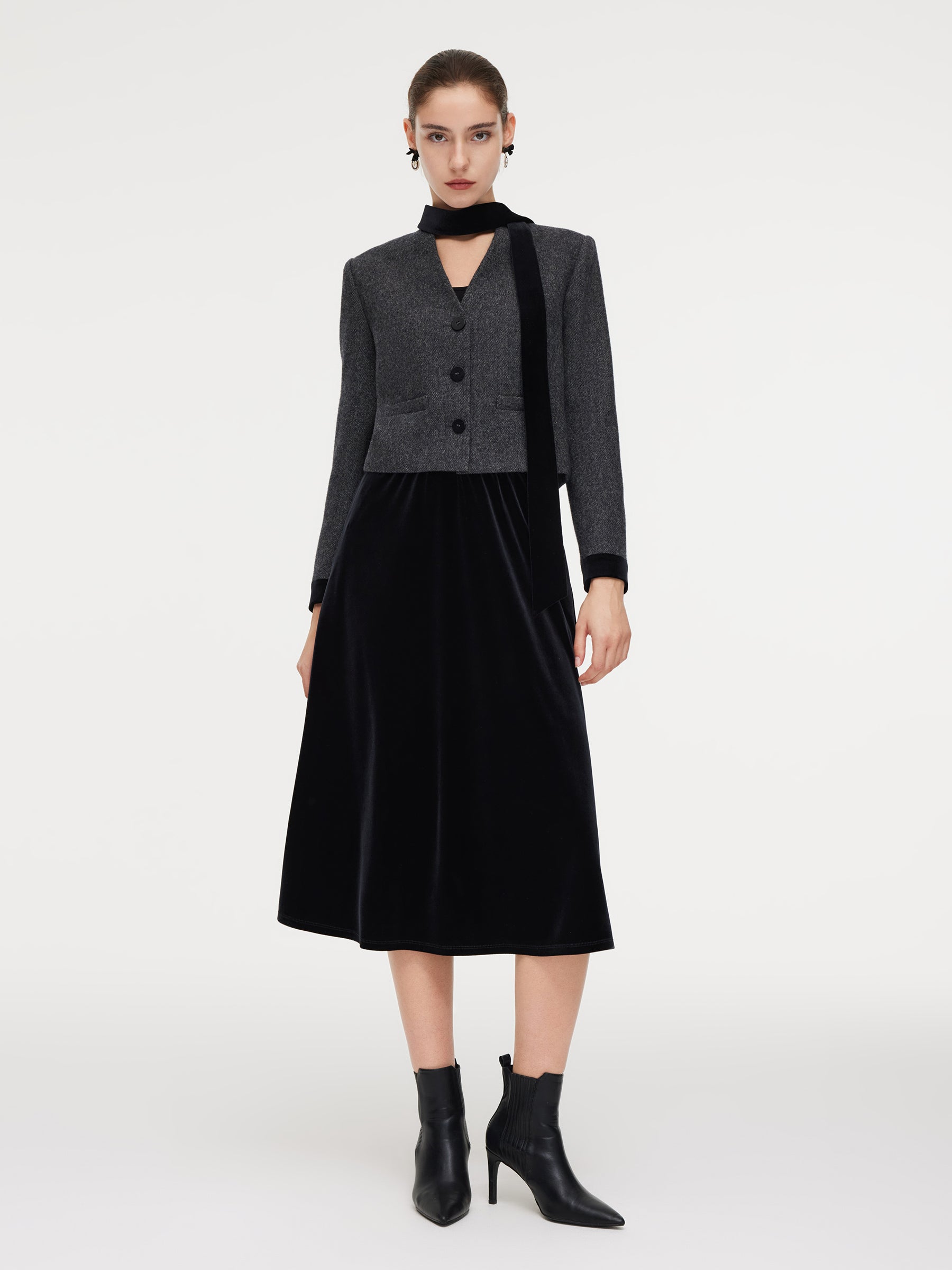 100% Washable Wool Jacket And Velvet Skirt Two-Piece Set With Ribbon GOELIA