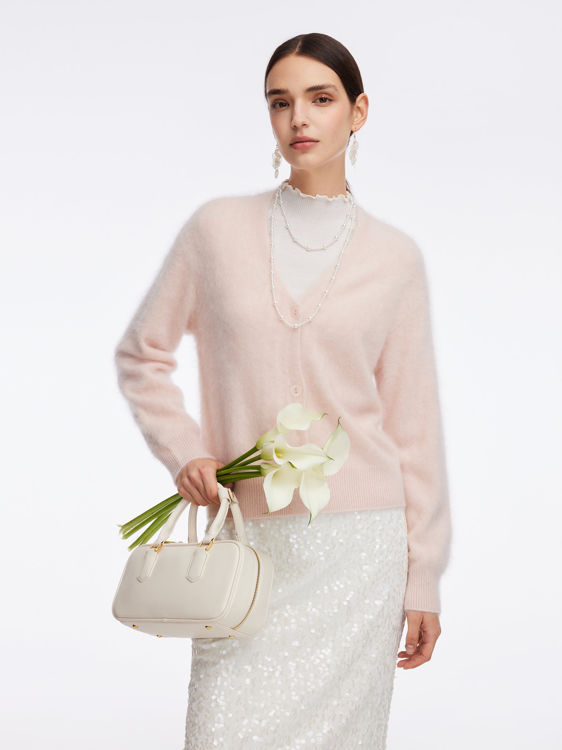 100% Brushed Cashmere V-Neck Women Cardigan GOELIA