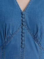 Denim V-Neck Gathered Waist Women Midi Dress GOELIA