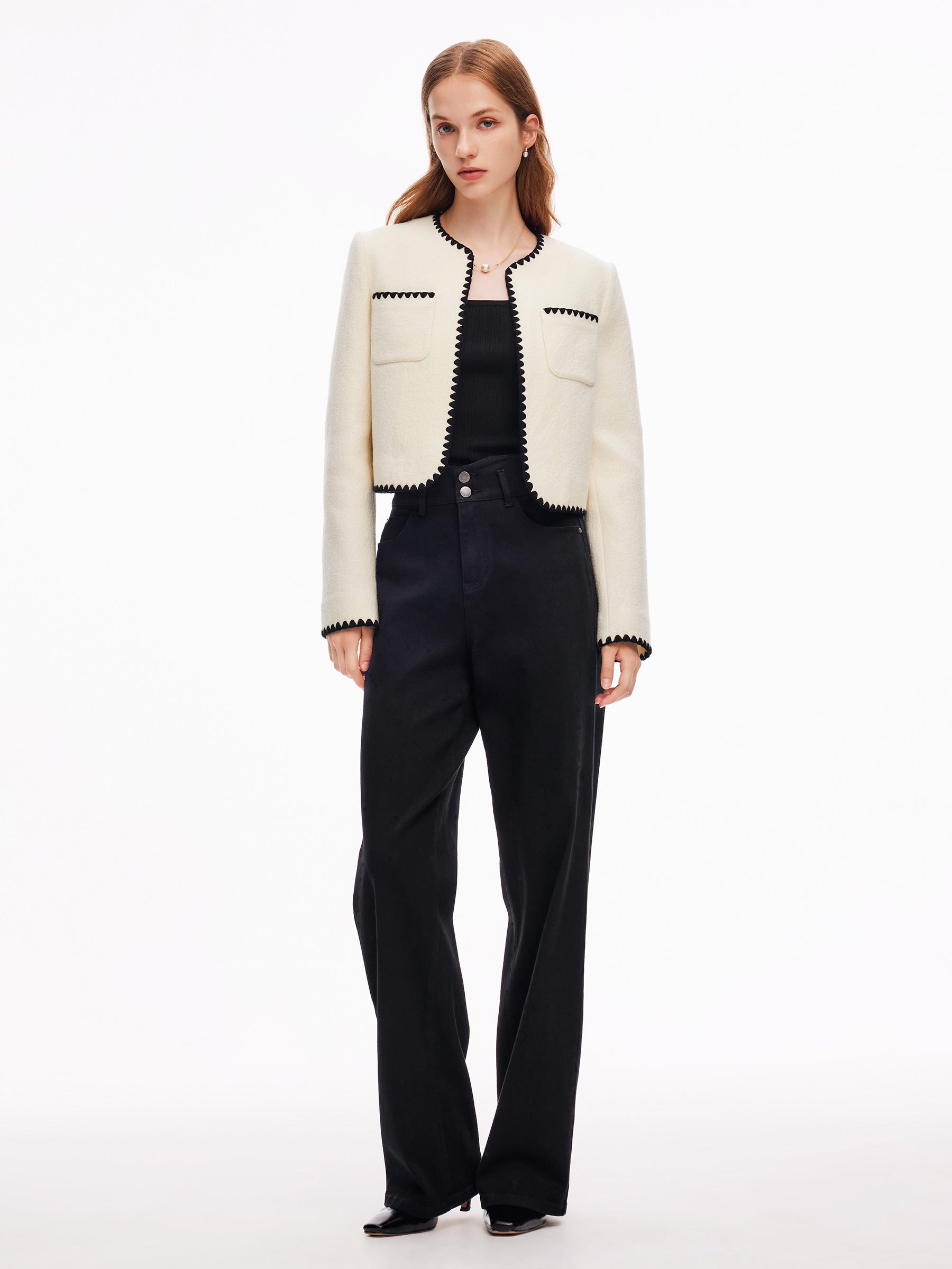 100% Wool Contrast Trim Women Crop Jacket GOELIA