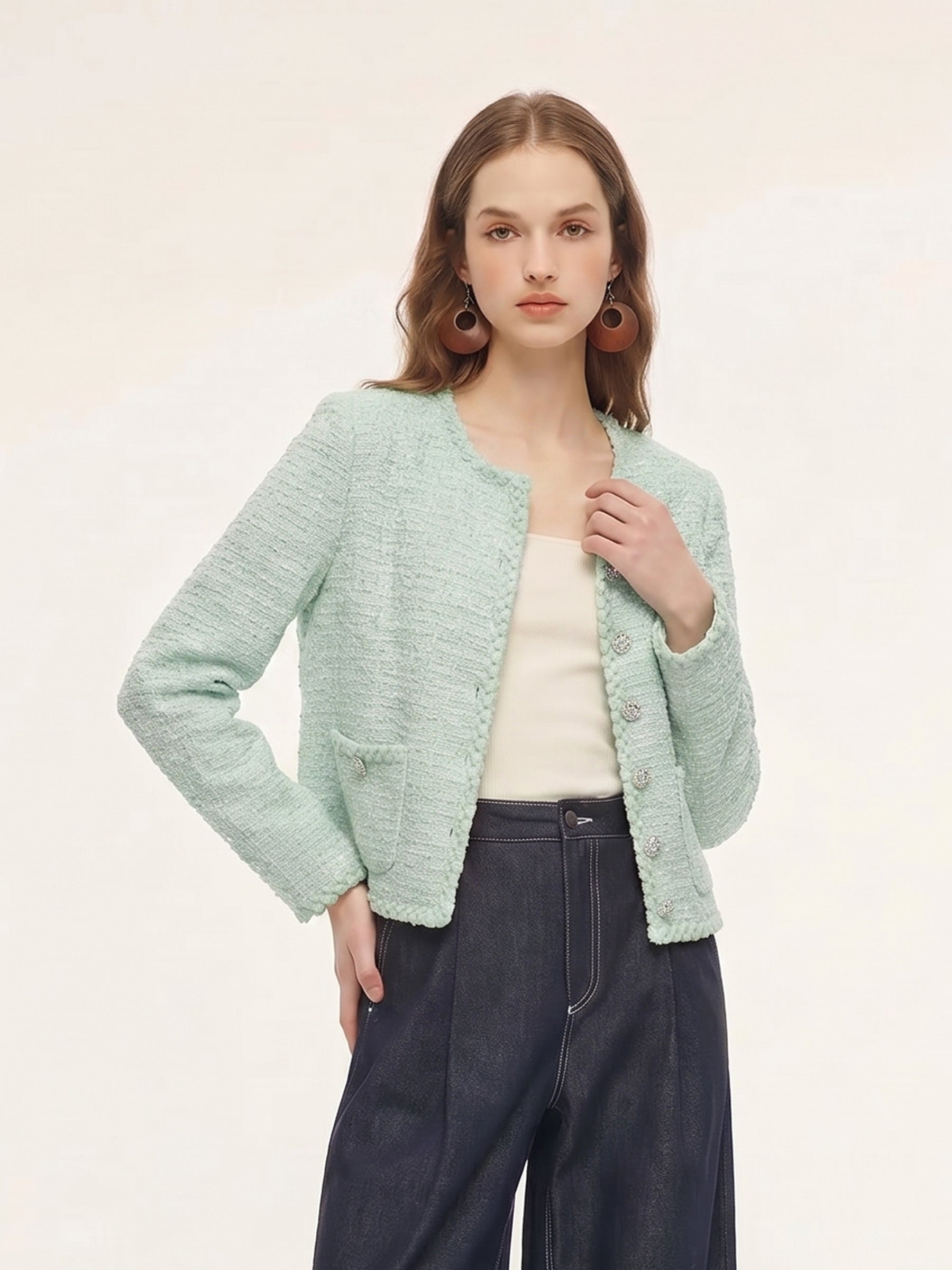 Round Neck Single-Breasted Women Textured Cardigan GOELIA