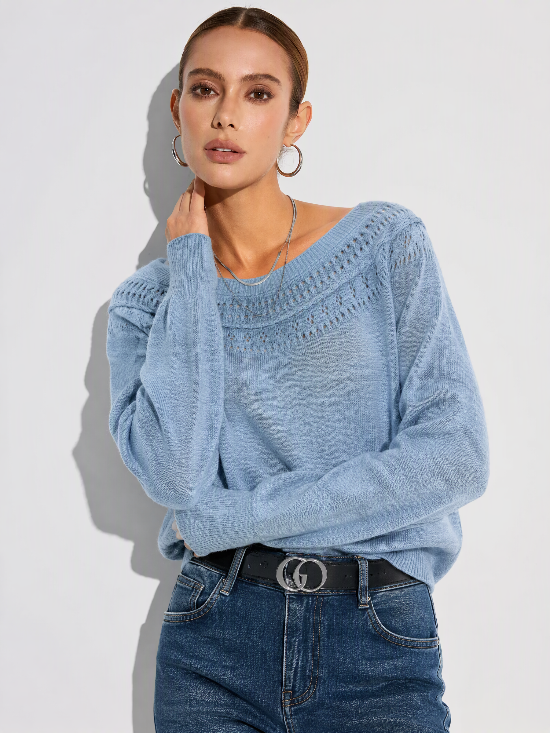 Linen Cotton Blend Pointelle Knit Boat Neck Women Knit Top GOELIA