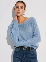 Linen Cotton Blend Pointelle Knit Boat Neck Women Knit Top GOELIA