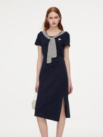 Stripe Scarf Neck Women Slit Knit Midi Dress GOELIA