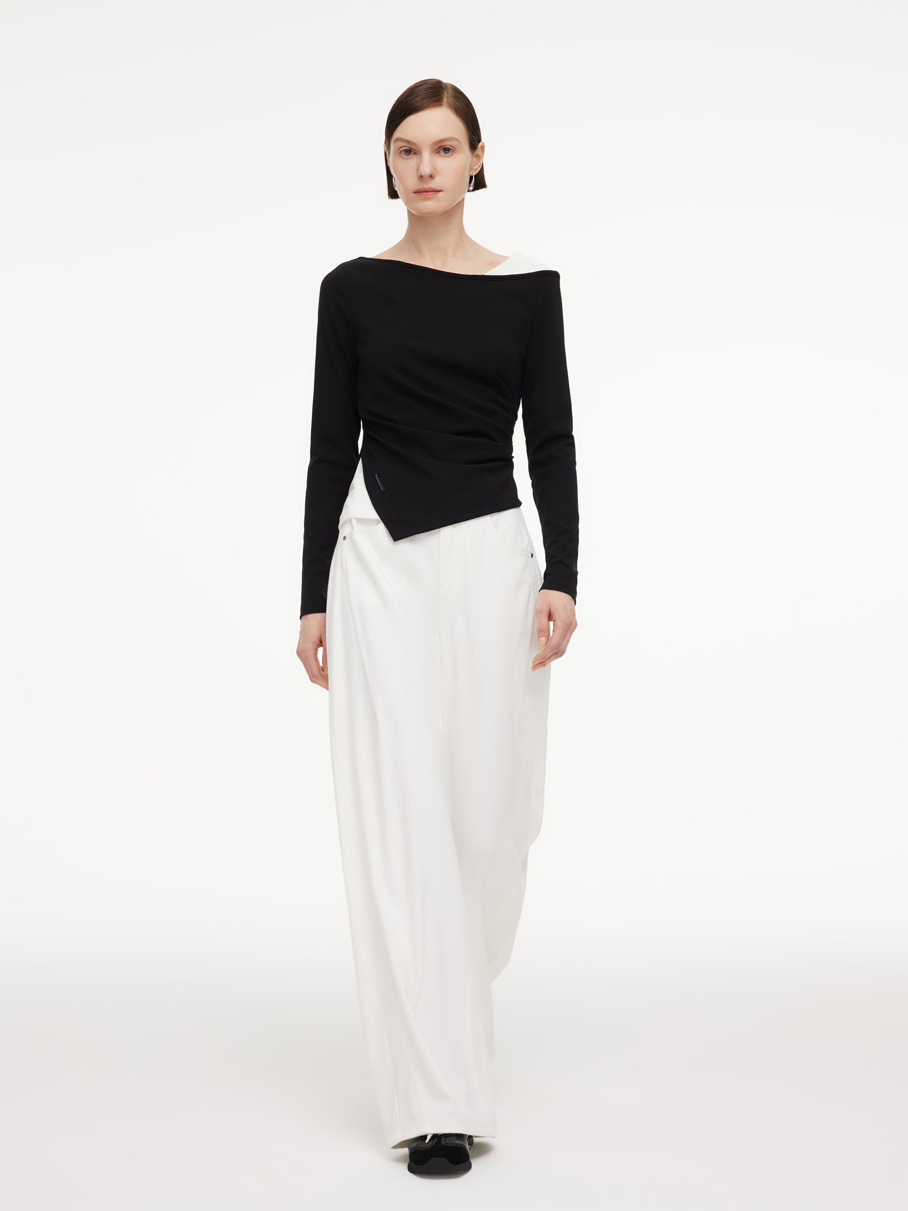 Boat Neck Asymmetrical Hem Women Color Block Knit Top GOELIA