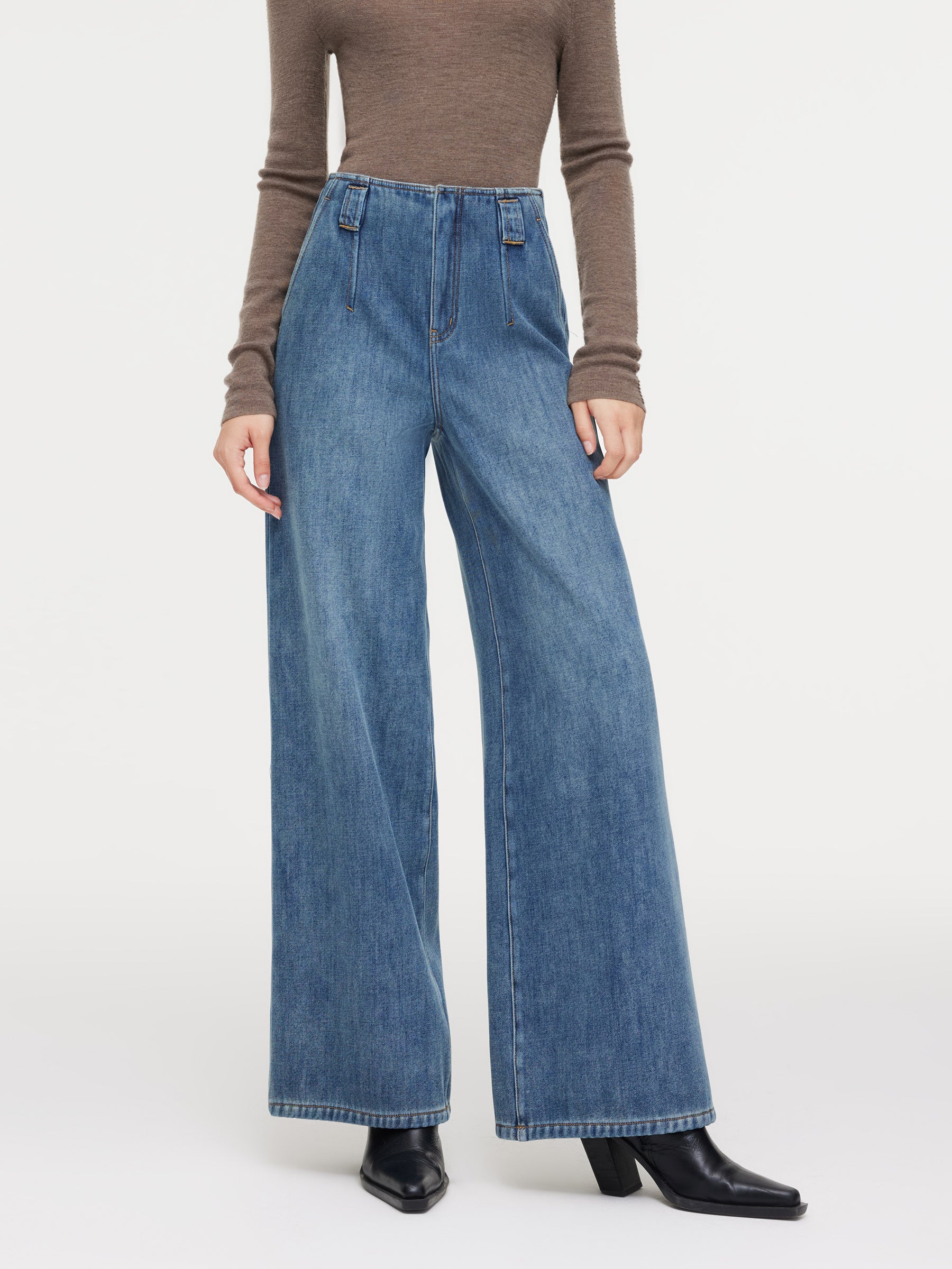 100% Cotton Denim Fleece Lined Women Wide Leg Jeans GOELIA