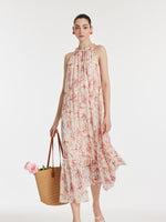 10 Momme Mulberry Silk Iris Printed Halter Ruffle Women Maxi Dress GOELIA