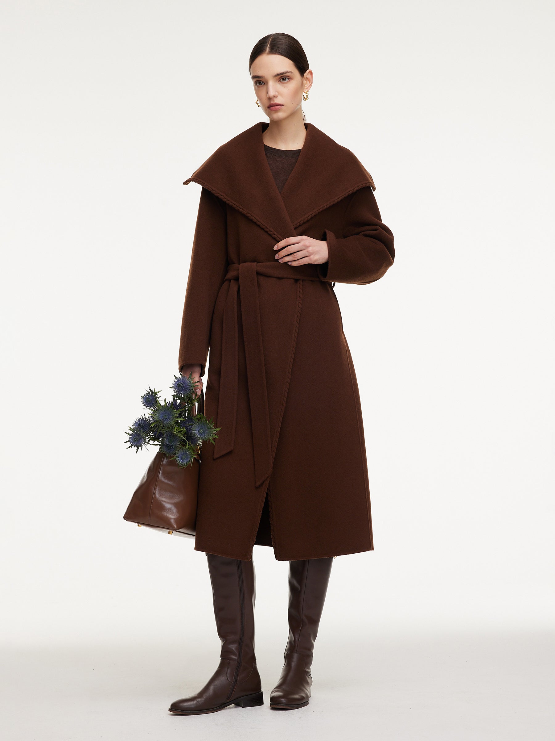 [Preview] Cashmere Wool Blend Wide Collar Double-Faced Women Self-Tie Belt Overcoat GOELIA