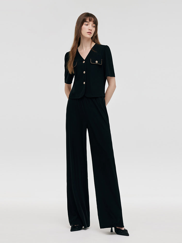 V-Neck Top And Straight Pants Two-Piece Set GOELIA
