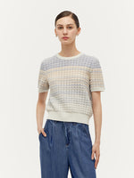 Blue And White Gradient Stripe Women Knit Top GOELIA