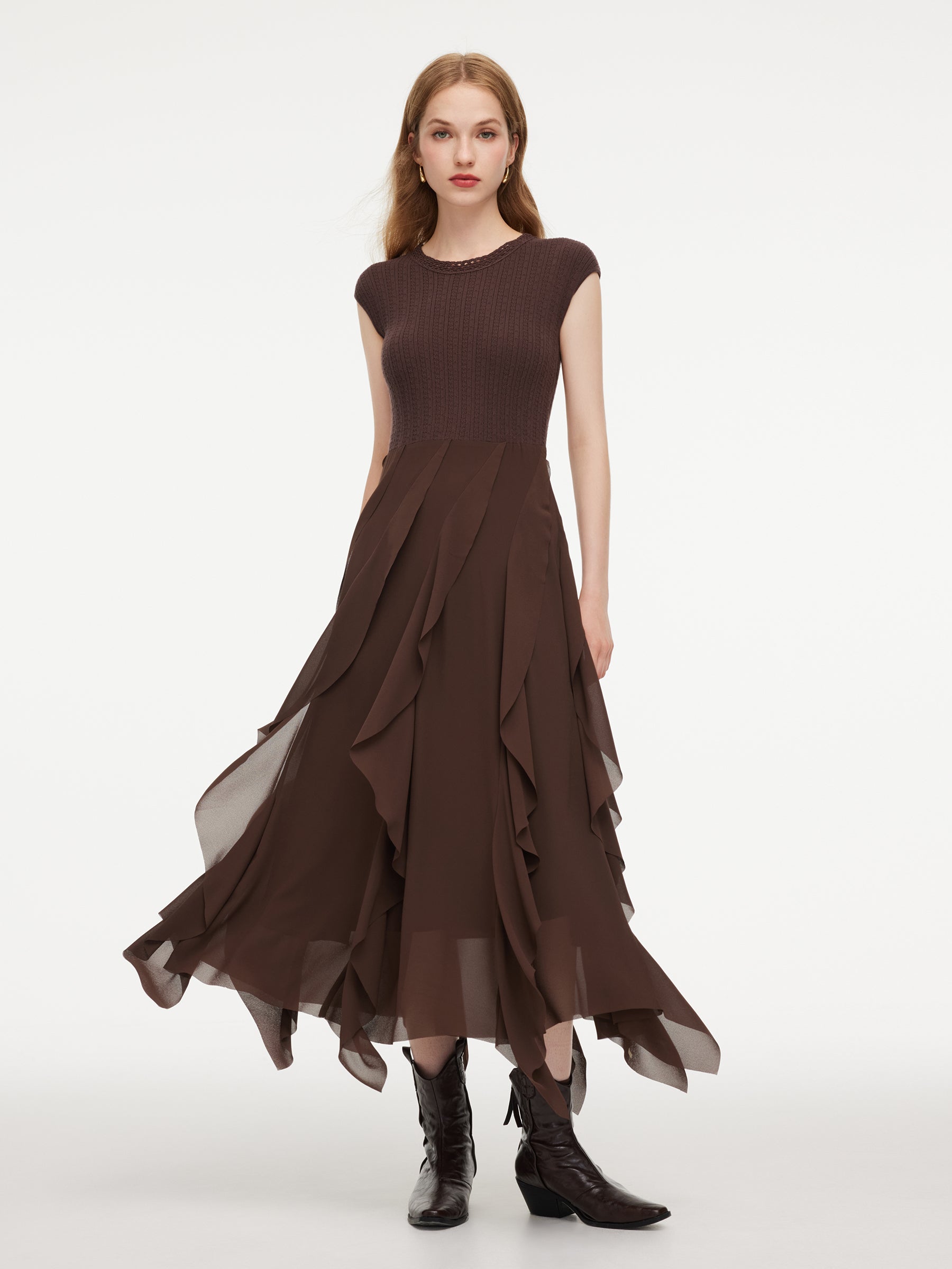 Jacquard Patchwork Cascading Ruffle Asymmetrical Women Maxi Dress GOELIA