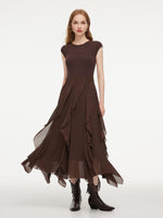Jacquard Patchwork Cascading Ruffle Asymmetrical Women Maxi Dress GOELIA