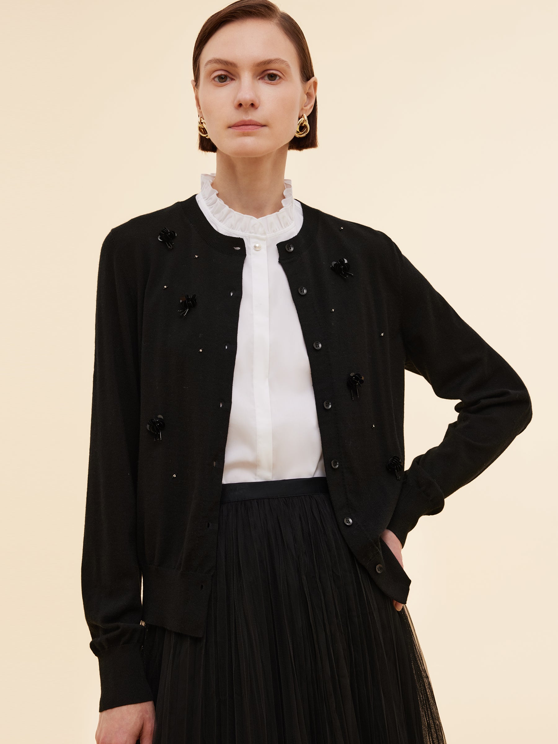 [Preview] Worsted Wool Blend Women Beaded Cardigan GOELIA