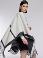 Cashmere Wool Contrast Border Fringed Poncho GOELIA