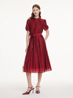 Tencel Blend Ruffle Neck Puff Sleeves Women Belted Maxi Dress GOELIA