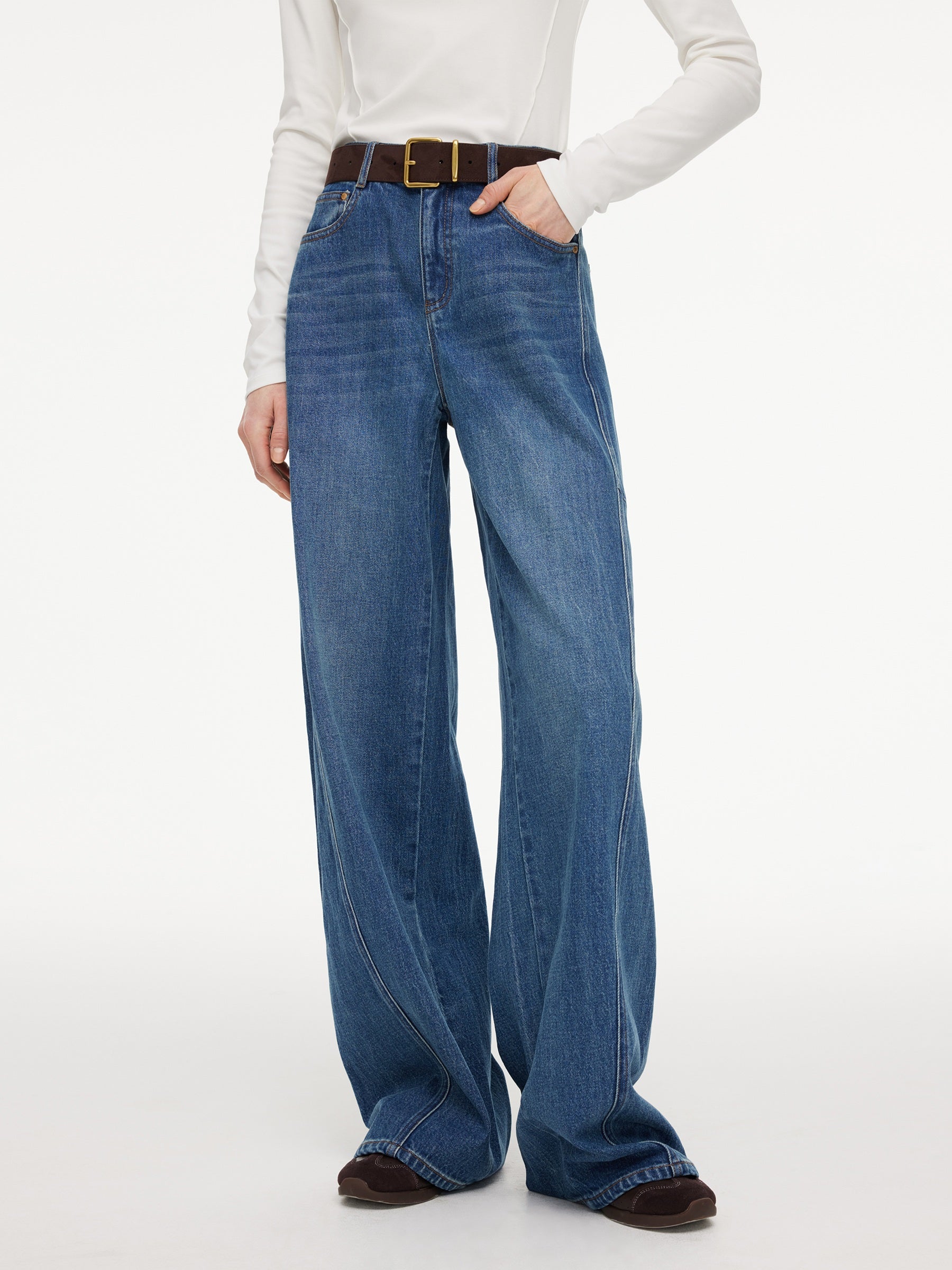 Cotton Denim Women Curved Leg Jeans With Belt GOELIA