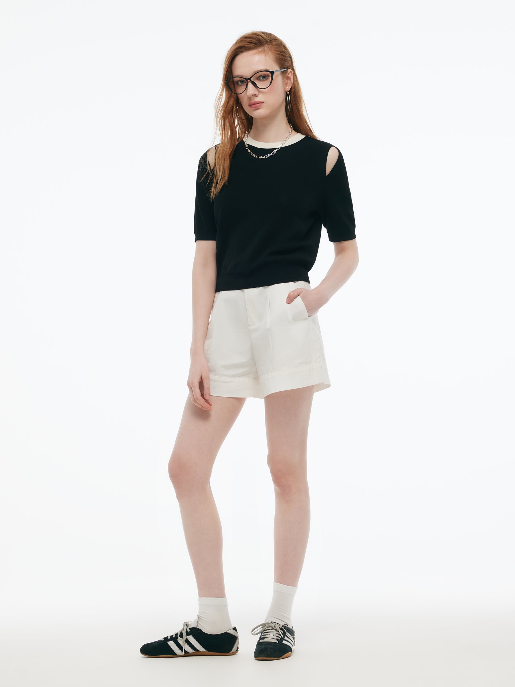 Tencel Blend Women Cut Out Shoulder Women Knit Top GOELIA