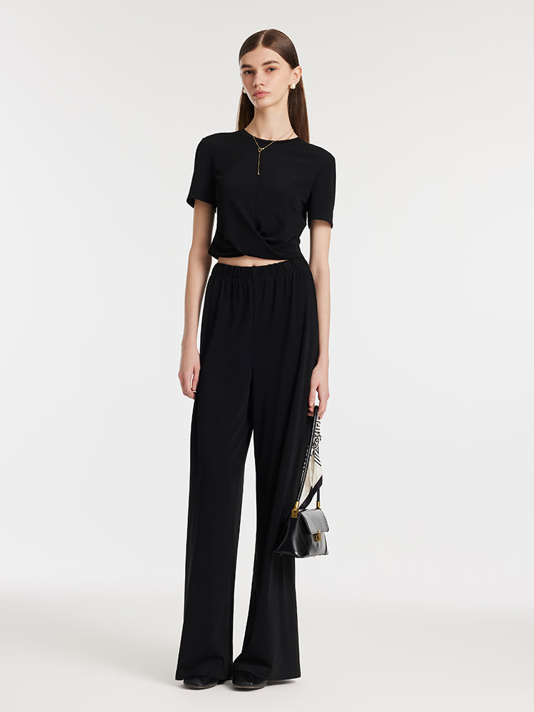 Acetate Crop T-shirt And Straight Pants Two-Piece Set GOELIA