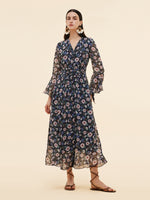 10MM Mulberry Silk Floral Print Women V-Neck Maxi Dress GOELIA
