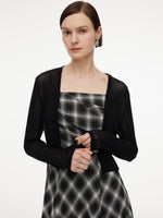 [Preview] Plaid Fringed Hem Strap Dress And Cardigan Two-Piece Set GOELIA