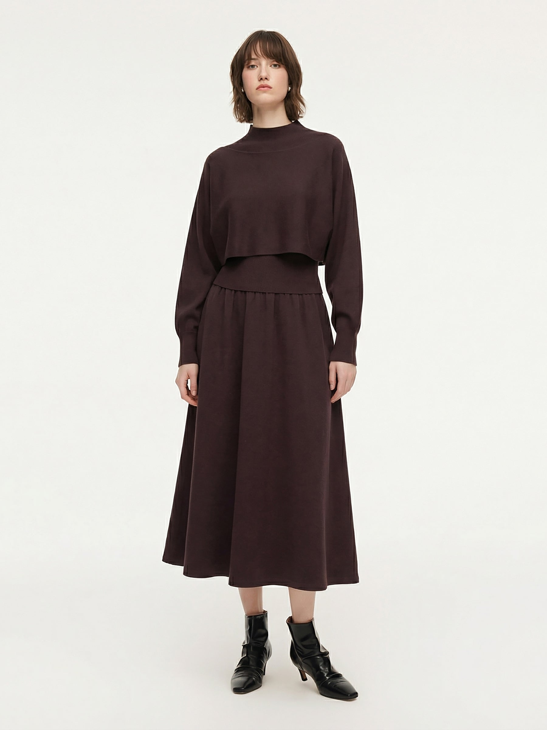 Tencel Wool Blend Mock Neck Tank And Skirt And Knit Top Three-Piece Set GOELIA