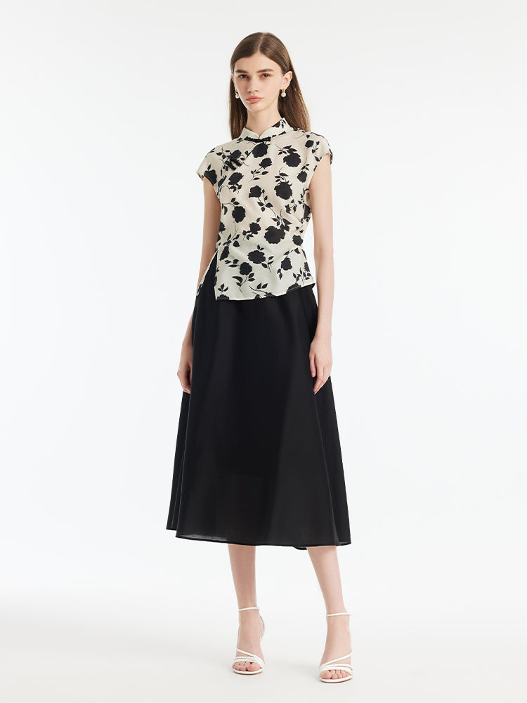 New Chinese-Style Acetate Rose Printed Top And Skirt Two-Piece Set GOELIA