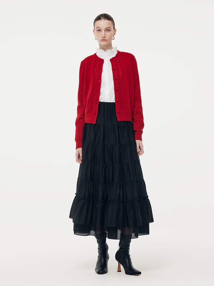 Wool Round Neck Openwork Women Knit Cardigan GOELIA