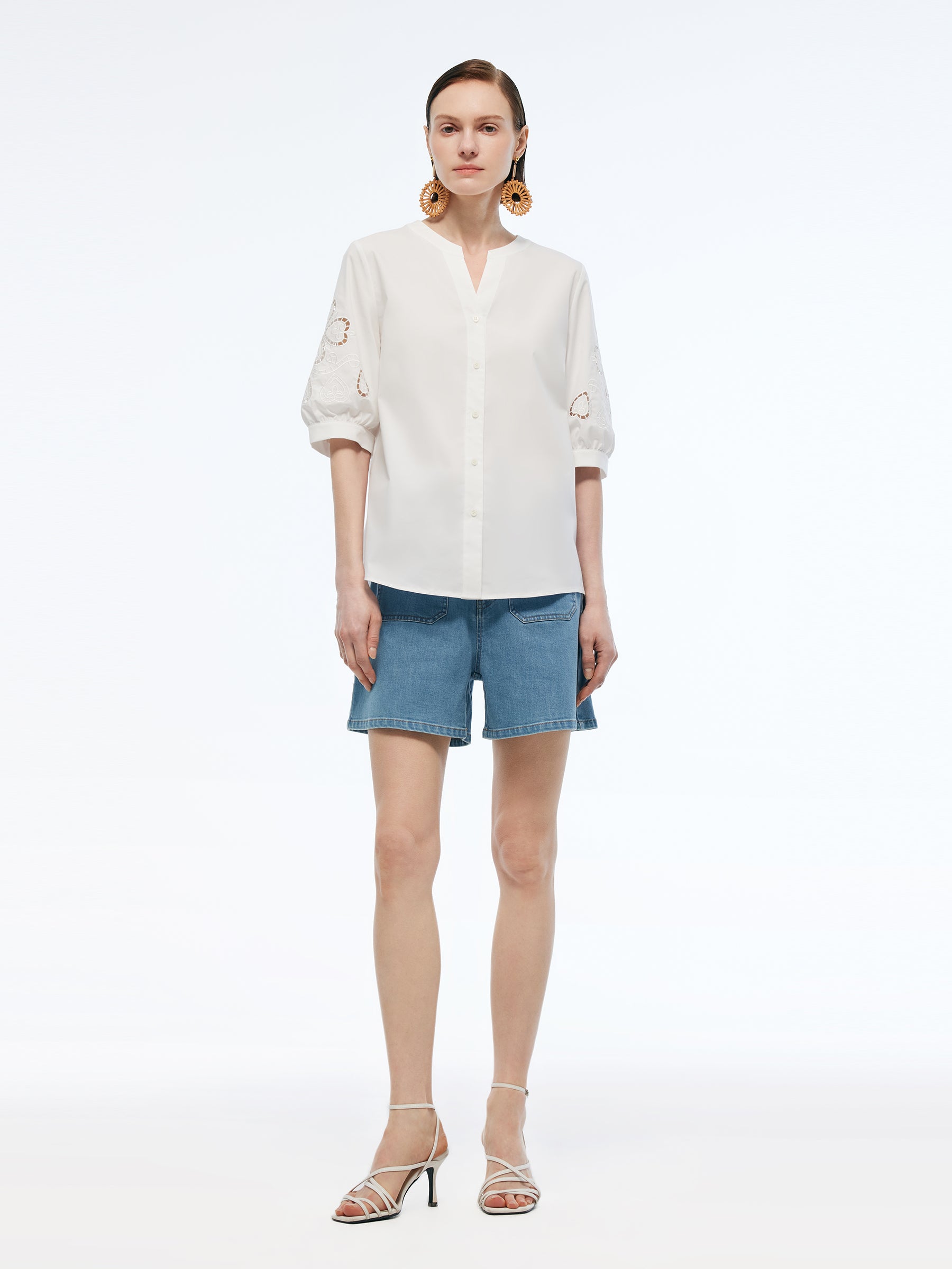 Openwork Embroidered Women Volume Sleeve Shirt GOELIA