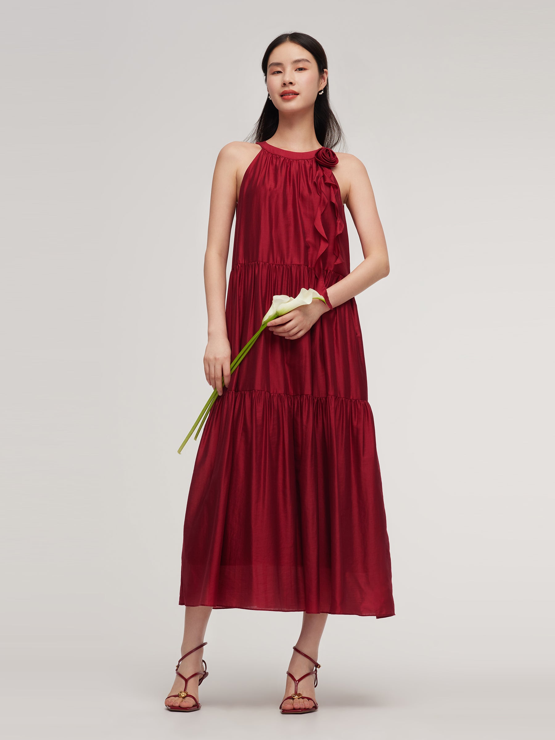 Tencel Halter Maxi Dress With Detachable Flower GOELIA