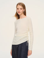 Wool Acetate Blend Boat Neck Side Drawstring Women Knit Top GOELIA