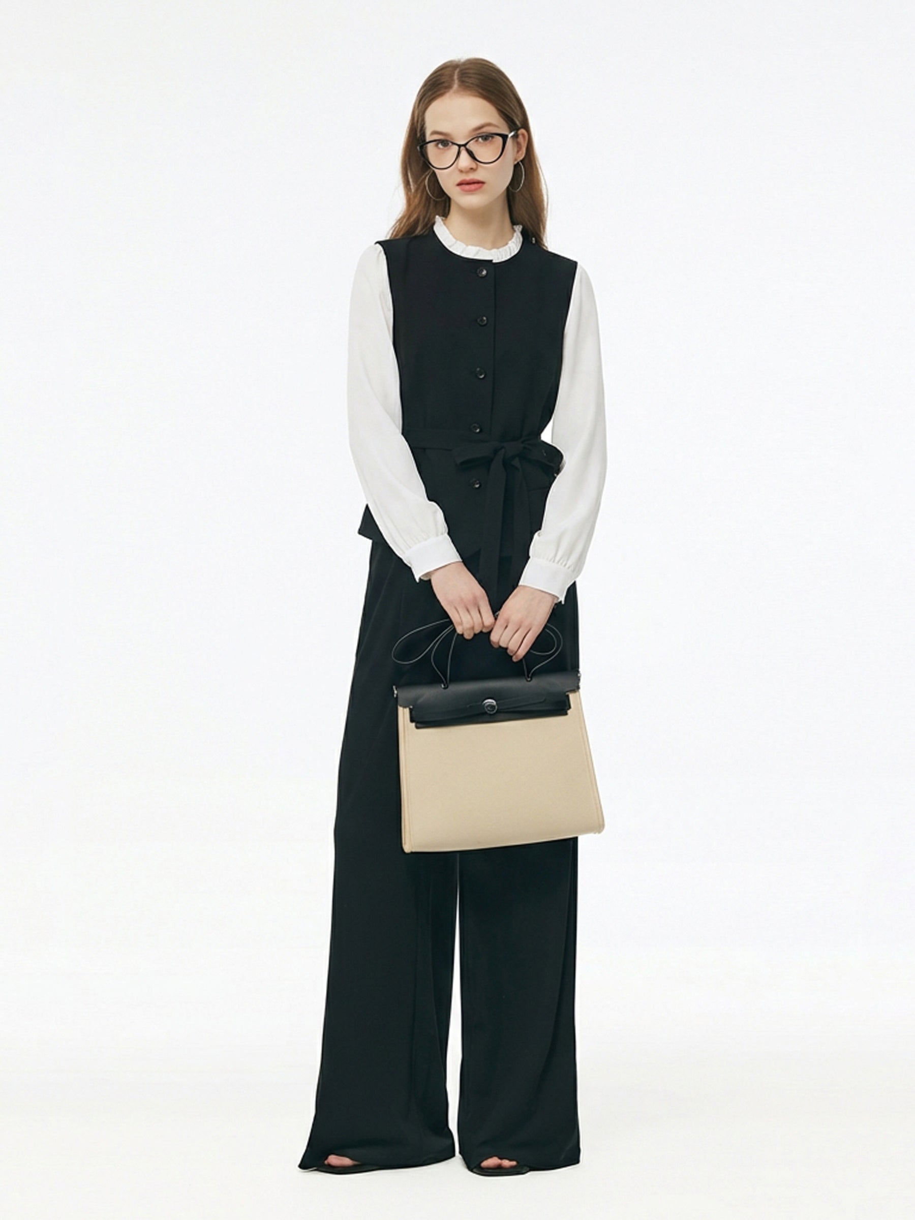 Four-Way Stretch Mock Layered Shirt And Pants Two-Piece Set With Self-Tie Belt GOELIA