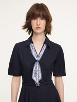 Linen Blend V-Neck Women Midi Dress With Silk Scarf And Belt GOELIA