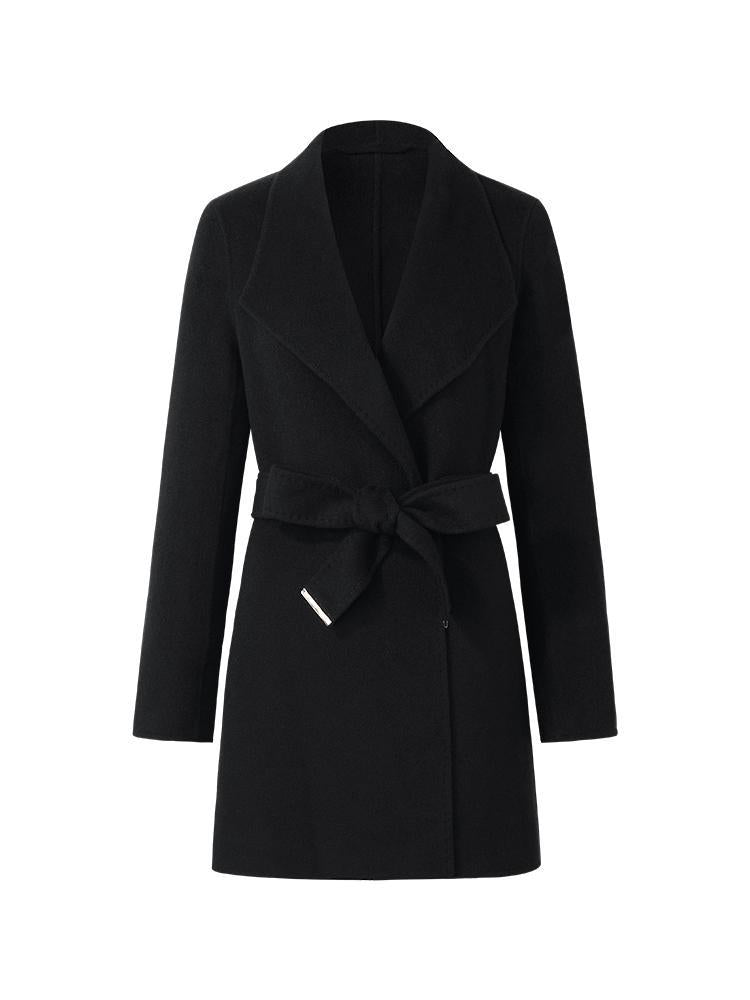 Tencel Wool Notched Lapel Mid-Length Coat With Belt GOELIA