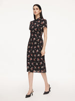 16MM Mulberry Silk Rose Print Women Qipao Midi Dress GOELIA