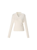 100% Wool V-Neck Ruched Women Polo Knit Top GOELIA